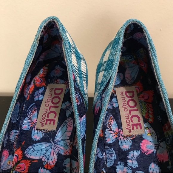 Dolce by Mojo Moxy Butterfly Heels | Bow Front Pumps | Blue Plaid - Picture 8 of 12